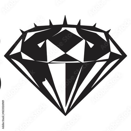 Bold geometric black and white diamond illustration with sharp facets and a striking modern design