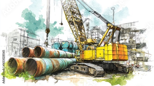 Industrial crane lifts pipes amidst a factory scene. Watercolor style illustration of a large crane positioned near several rusty pipes, within a factory environment