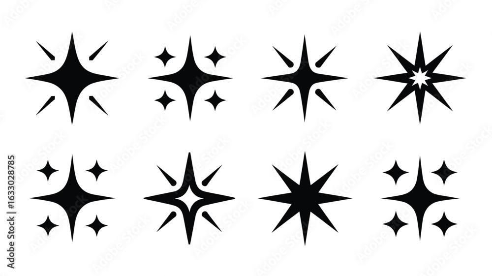 Fototapeta premium Vector art of collection of various star sparkle shapes isolated on white background for design needs