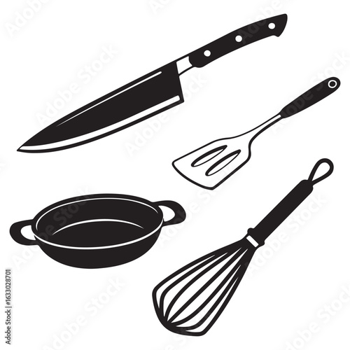 Collection of essential kitchen cooking utensils including a chef s knife spatula whisk and small pot