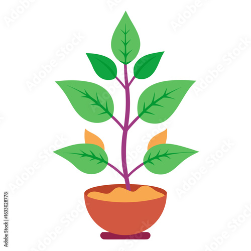 Illustration of a plant growing in a pot, isolated on white background, with green leaves