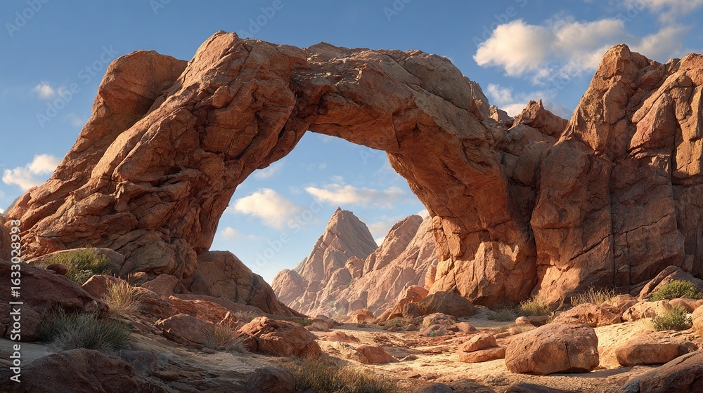 Fototapeta premium Natural arch rock formation under a blue sky in a desert landscape