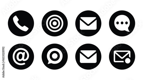 Vector art of set of eight black contact icons isolated on white background for web and app design