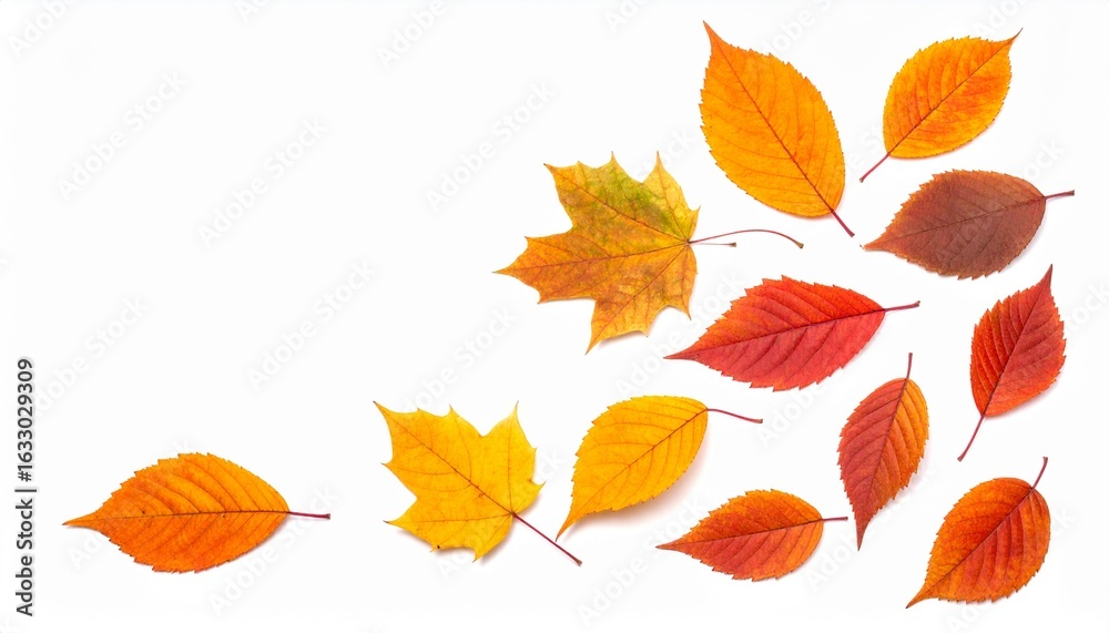 Fototapeta premium Colorful autumn leaves scattered on white background, creating a vibrant fall design.