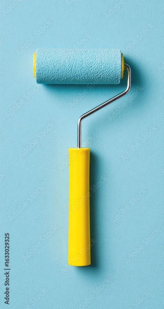 Obraz premium A light-blue paint roller with a bright-yellow handle, positioned vertically against a pale-blue backdrop