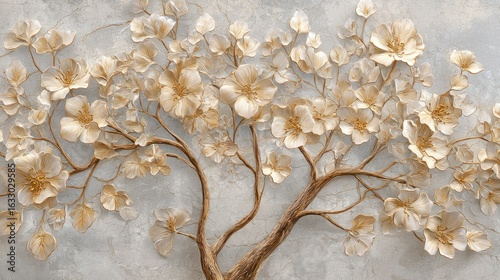A captivating floral arrangement showcases a tree with delicate white and gold flowers, creating an elegant and sophisticated botanical design perfect for backgrounds and decor.