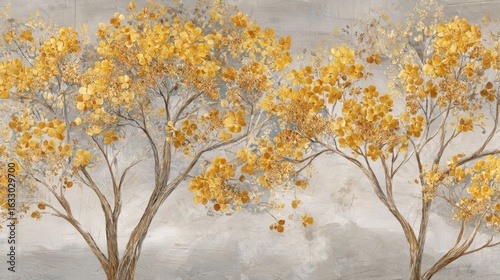 Golden trees with delicate blossoms create a serene and elegant ambiance, perfect for adding a touch of nature and sophistication to any design project or creative endeavor.