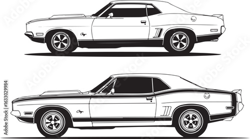 Classic Muscle Car Illustration, Vintage Coupe Vector Graphics, Black and White