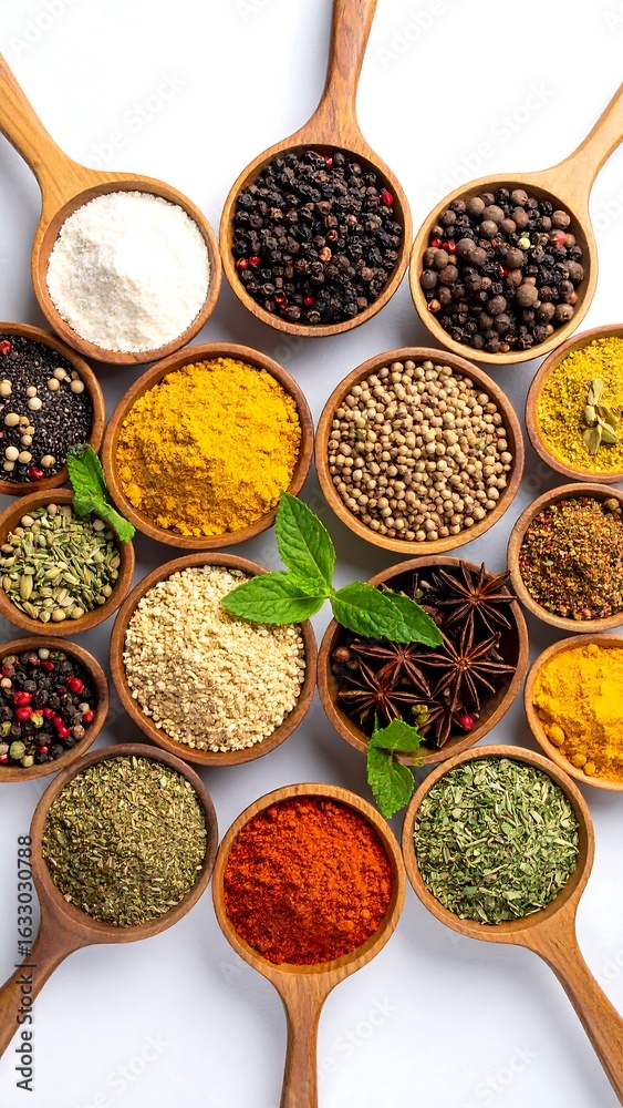 Fototapeta premium Assorted spices in small wooden bowls