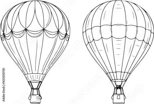 Two Vintage Hot Air Balloon Illustrations, Black and White Vector Design
