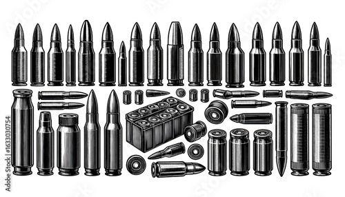 Set of Illustrations of bullets and cartridges in vintage monochrome style.