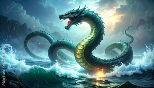 Epic Sea Serpent Emerges from the Depths, a Fearsome Dragon of the Ocean Depths Unleashing Its Wrath