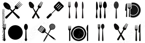 Kitchen utensils and cutlery icons set including knives, forks, spoons, spatulas, whisks. 