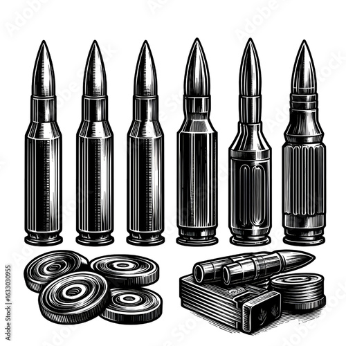 Set of Illustrations of bullets and cartridges in vintage monochrome style.