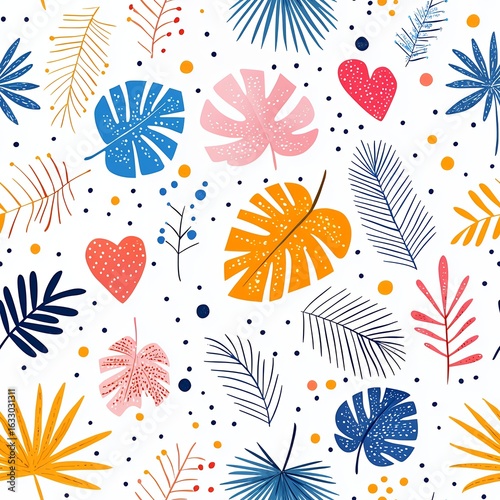 Colorful Tropical Leaf Seamless Pattern with Hearts