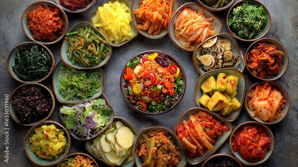 Fototapeta premium Assorted small dishes circle a bowl. Variety of colors and textures