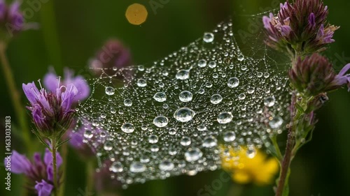 Dew-covered spider web glistens among wildflowers