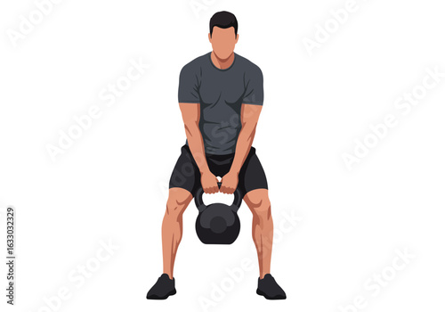 Man Performing Kettlebell Goblet Squat Exercise.