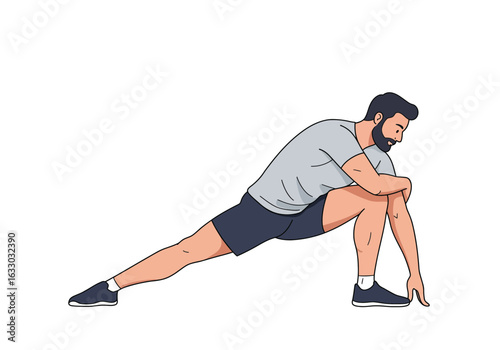 Bearded Man Performing a Leg Stretch Exercise.