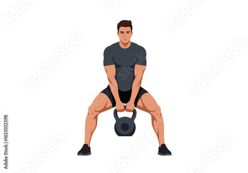 Muscular Man Performing Kettlebell Goblet Squat Exercise.