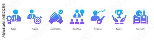 Success Plan web banner icon vector illustration featuring Badge, Purpose, Arm Wrestling, Coaching, Key Person, Success, and Homework.