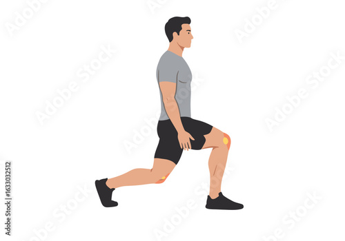 Man Performing a Lunging Exercise with Knee Pain Highlighted.