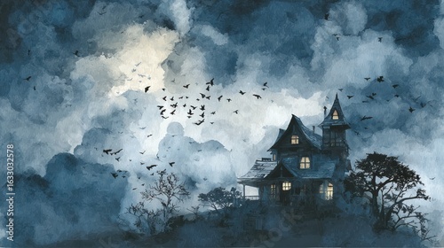 Spooky mansion under a stormy sky.  Dark, moody watercolor painting of a large, gothic-style house with a tower, nestled on a hilltop amidst a stormy sky filled with bats and crows.