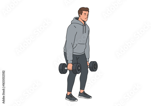 Man in Grey Hoodie Performing Dumbbell Deadlifts.