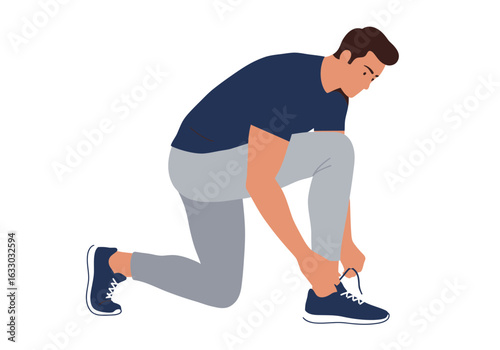 Man Kneeling Tying Shoelaces on Running Shoe.