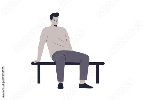 Man Sitting on a Simple Bench Casual Attire.