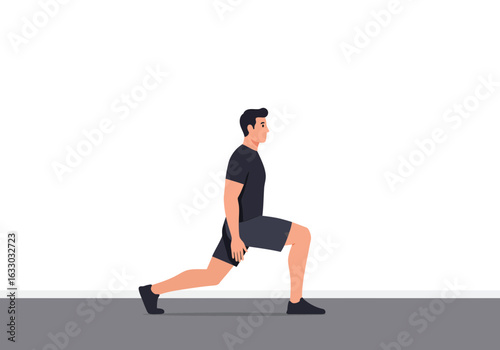 Man Performing a Low Lunge Exercise Fitness Workout Pose.