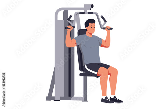 Man Performing Seated Shoulder Press on Weight Machine.