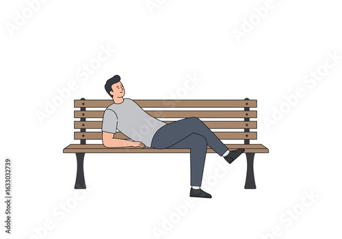 Relaxed Man Reclining on a Wooden Park Bench.