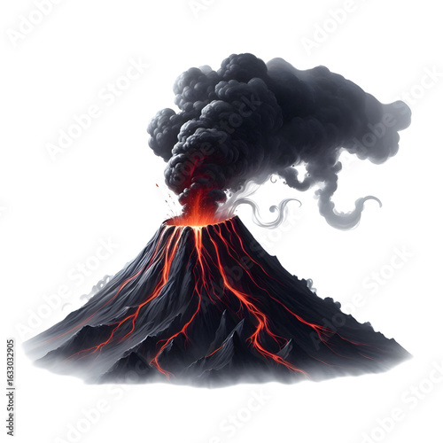 Smoking volcano with lava flowing down isolated on a white background