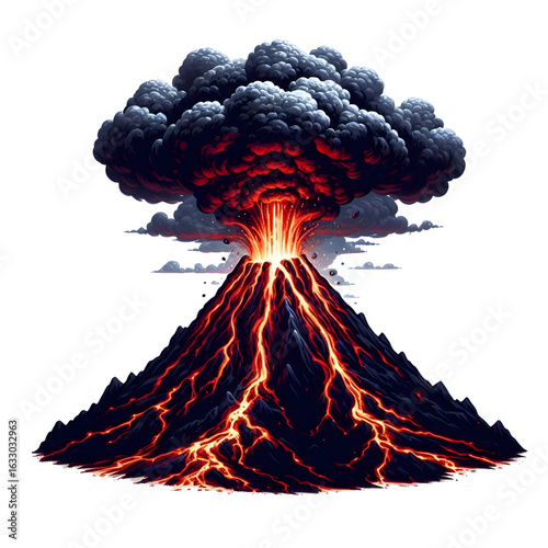 Smoking volcano with lava flowing down isolated on a white background