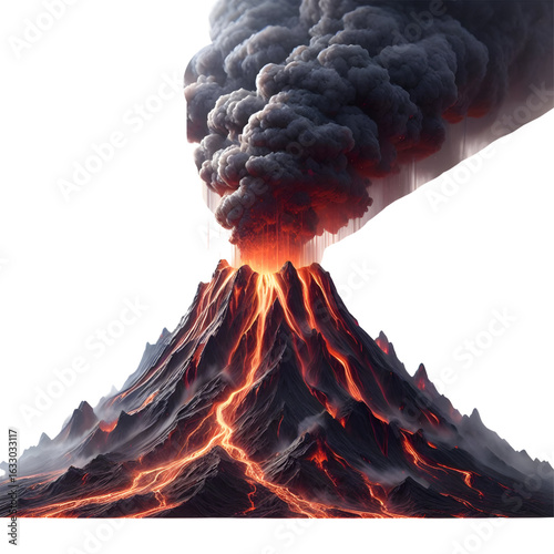 Smoking volcano with lava flowing down isolated on a white background