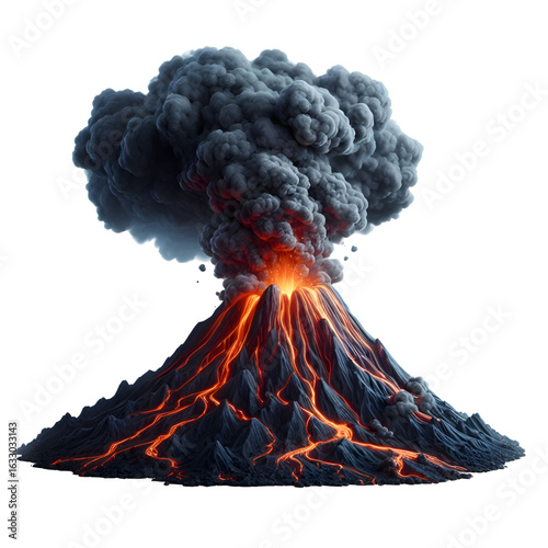 Smoking volcano with lava flowing down isolated on a white background