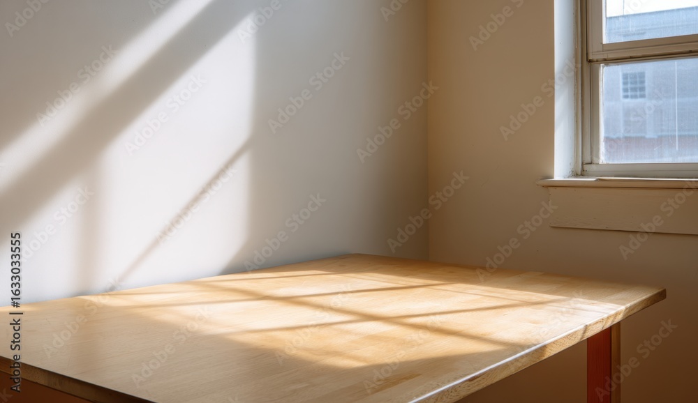 Fototapeta premium Sunlight streams through a window illuminating a simple wooden table creating a bright and inviting atmosphere in an empty room suggesting
