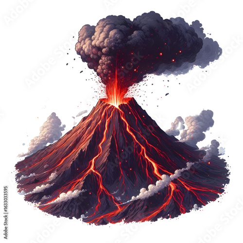 Smoking volcano with lava flowing down isolated on a white background