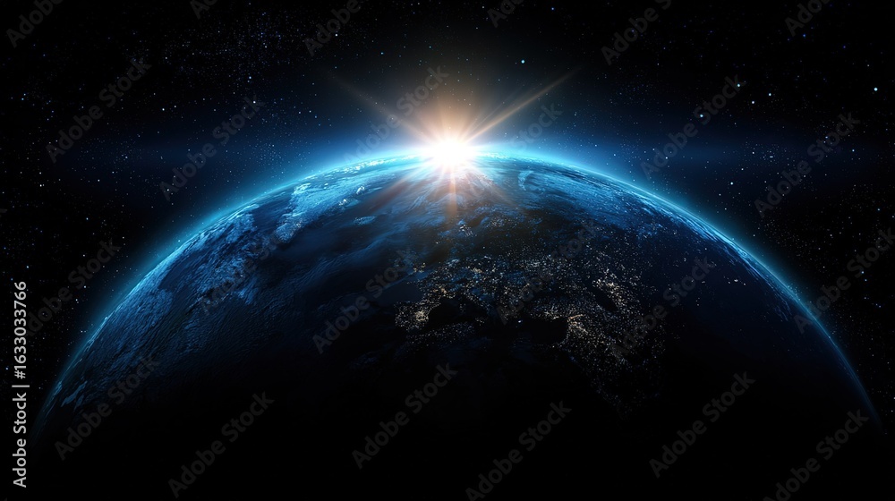Obraz premium Glowing blue Earth with cosmic sunrise against starry black space, high-resolution astronomy template for educational materials and sci-fi visuals.