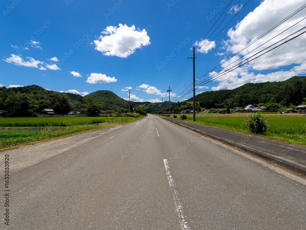 Fototapeta premium 京都府南丹市の田園地帯を通る道路