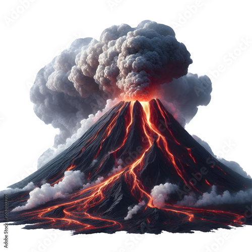 Smoking volcano with lava flowing down isolated on a white background