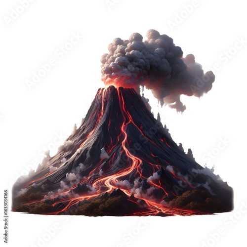 Smoking volcano with lava flowing down isolated on a white background