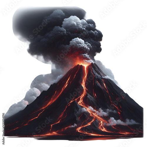 Smoking volcano with lava flowing down isolated on a white background
