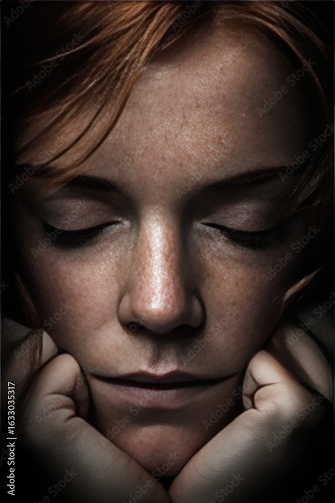 Fototapeta premium Contemplative young woman with closed eyes, freckles, and pensive expression, emphasizing tranquility, introspection, and natural beauty