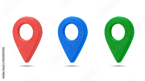 3d map marker, map pin icon in red, green and blue, isolated on white background . Vector illustration