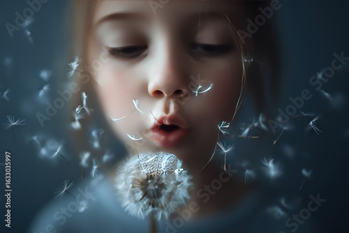 Innocent Child Blowing Dandelion Seeds in Soft Focus, Capturing Whimsy and Wonder in Dreamlike Photography, Perfect for Lifestyle and Nature Concepts