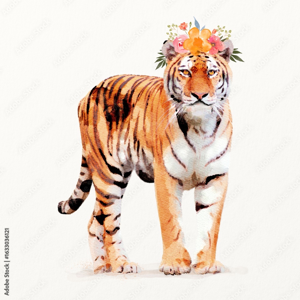 Obraz premium Tiger with wreath illustration in watercolor