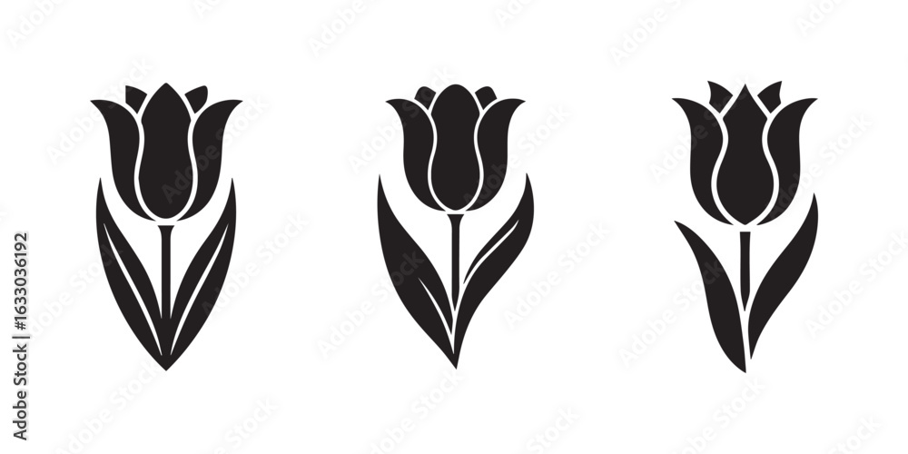 Fototapeta premium Set of tulip silhouette vector illustrations on transparent background, elegant floral icons for spring and nature themes