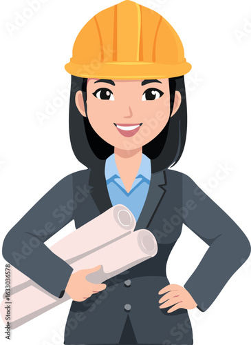 A female architect with a blueprint and a hard hat, in a professional and empowering vector  사본